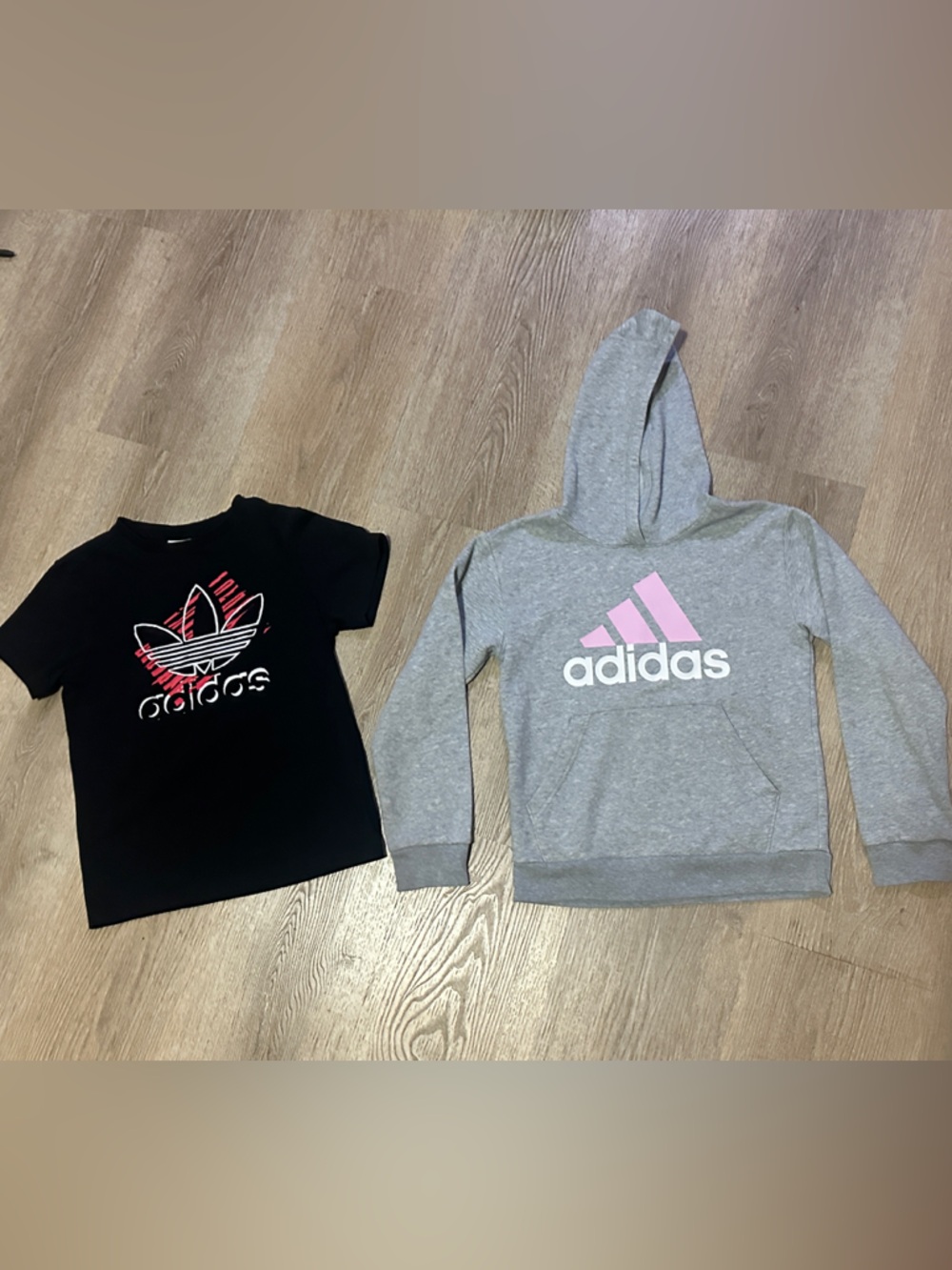 adidas Kids Grey Hoodie with Pink Logo & Black Tee Set CUTE BUNDLE